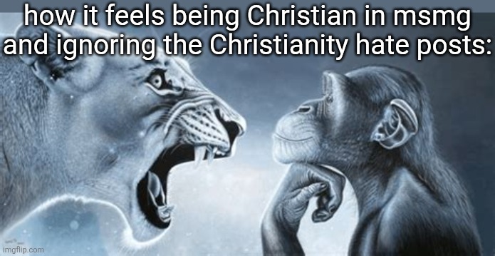 the messiah ignores the obvious ragebait | how it feels being Christian in msmg and ignoring the Christianity hate posts: | image tagged in tiger yell at pondering monkey | made w/ Imgflip meme maker