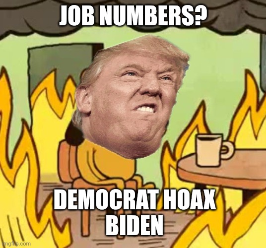 Its fine | JOB NUMBERS? DEMOCRAT HOAX 
BIDEN | image tagged in its fine | made w/ Imgflip meme maker