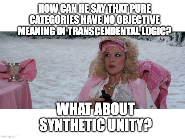 Lorelei critiques Kant's Critique of Pure Reason in Superman 3 | HOW CAN HE SAY THAT PURE CATEGORIES HAVE NO OBJECTIVE MEANING IN TRANSCENDENTAL LOGIC? WHAT ABOUT SYNTHETIC UNITY? | image tagged in philosophy,80s films,comedy,superman | made w/ Imgflip meme maker