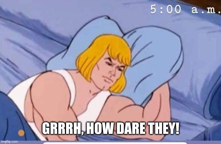 He man | GRRRH, HOW DARE THEY! | image tagged in he man | made w/ Imgflip meme maker