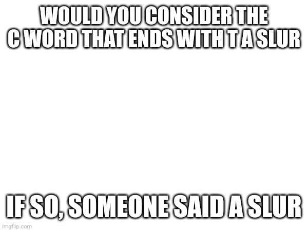 Idk if it's a slur that's why I'm not saying it | WOULD YOU CONSIDER THE C WORD THAT ENDS WITH T A SLUR; IF SO, SOMEONE SAID A SLUR | made w/ Imgflip meme maker