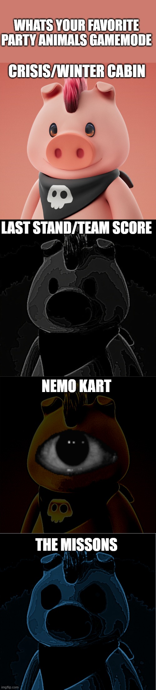 What's your favorite party animals gamemode | WHATS YOUR FAVORITE PARTY ANIMALS GAMEMODE; CRISIS/WINTER CABIN; LAST STAND/TEAM SCORE; NEMO KART; THE MISSONS | image tagged in bacon becomes uncanny,party animals,uncanny,mr incredible becoming uncanny,creepy,scary | made w/ Imgflip meme maker