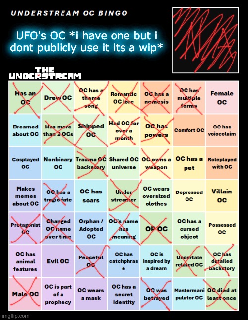 And No I'm not posting about it.., yet | UFO's OC *i have one but i dont publicly use it its a wip* | image tagged in understream oc bingo by interactionsystem | made w/ Imgflip meme maker