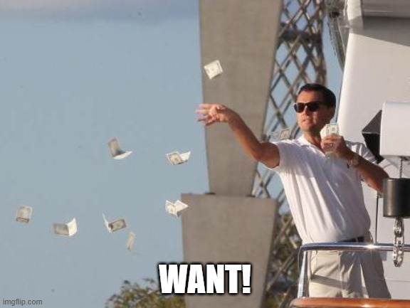 Leonardo DiCaprio throwing Money  | WANT! | image tagged in leonardo dicaprio throwing money | made w/ Imgflip meme maker