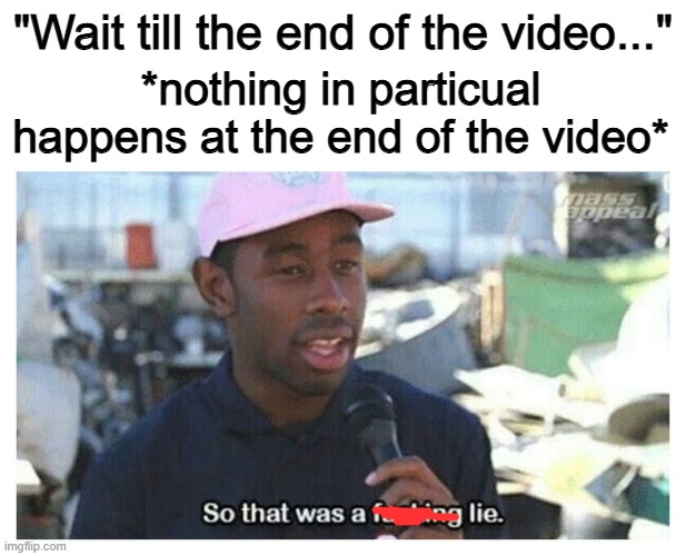 nothing ever happens | "Wait till the end of the video..."; *nothing in particual happens at the end of the video* | image tagged in so that was a f---ing lie,memes,funny,tyler the creator,sad but true,relatable memes | made w/ Imgflip meme maker
