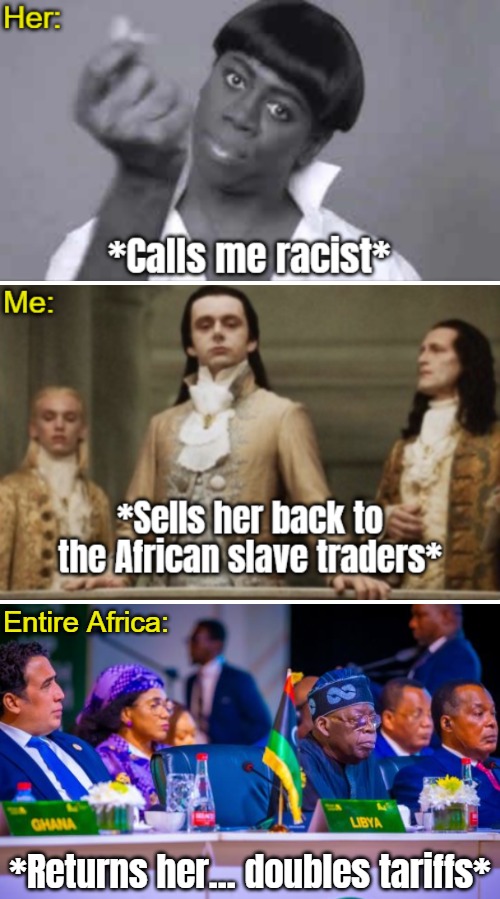 Conversation with my first Californian black troll, so naturally... | Entire Africa:; *Returns her... doubles tariffs* | image tagged in racism,funny,superior royalty,black woman | made w/ Imgflip meme maker