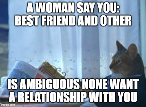 none | A WOMAN SAY YOU: BEST FRIEND AND OTHER; IS AMBIGUOUS NONE WANT A RELATIONSHIP WITH YOU | image tagged in memes,i should buy a boat cat | made w/ Imgflip meme maker