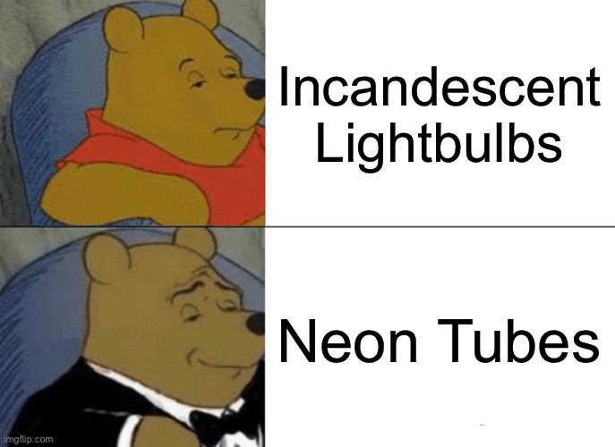 Tuxedo Winnie The Pooh | Incandescent Lightbulbs; Neon Tubes | image tagged in memes,tuxedo winnie the pooh | made w/ Imgflip meme maker