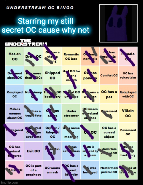 Purple = rabbit, gray = ??? | Starring my still secret OC cause why not | image tagged in understream oc bingo by interactionsystem,t,samd umtervaple off topic | made w/ Imgflip meme maker