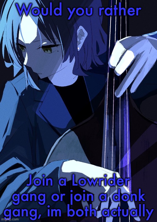 Ryo Playing Bass | Would you rather; Join a Lowrider gang or join a donk gang, im both actually | image tagged in ryo playing bass | made w/ Imgflip meme maker