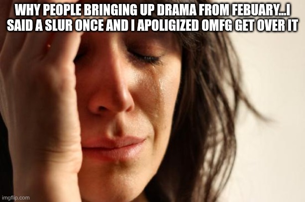 First World Problems | WHY PEOPLE BRINGING UP DRAMA FROM FEBUARY...I SAID A SLUR ONCE AND I APOLIGIZED OMFG GET OVER IT | image tagged in memes,first world problems | made w/ Imgflip meme maker