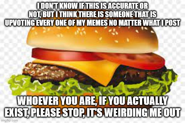 H A M B U R G E R | I DON'T KNOW IF THIS IS ACCURATE OR NOT, BUT I THINK THERE IS SOMEONE THAT IS UPVOTING EVERY ONE OF MY MEMES NO MATTER WHAT I POST; WHOEVER YOU ARE, IF YOU ACTUALLY EXIST, PLEASE STOP, IT'S WEIRDING ME OUT | image tagged in h a m b u r g e r | made w/ Imgflip meme maker