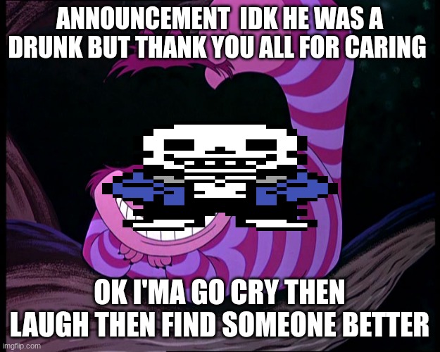 toaa void and you guys helped me a lot with this thanks | ANNOUNCEMENT  IDK HE WAS A DRUNK BUT THANK YOU ALL FOR CARING; OK I'MA GO CRY THEN LAUGH THEN FIND SOMEONE BETTER | image tagged in cheshire cat | made w/ Imgflip meme maker