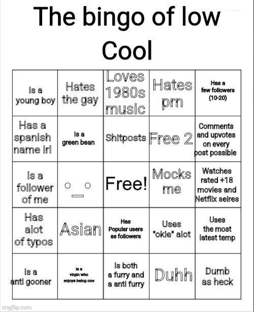 Answer this (column (l > r): A >E , row (dn > up): 1 >5) | Cool; The bingo of low; Loves 1980s music; Hates the gay; Has a few followers (10-20); Hates prn; Is a young boy; Shitposts; Has a spanish name irl; Comments and upvotes on every post possible; Free 2; Is a green bean; Mocks me; Watches rated +18 movies and Netflix seires; •_•; Is a follower of me; Asian; Has alot of typos; Uses the most latest temp; Uses "okie" alot; Has Popular users as followers; Is a anti gooner; Is both a furry and a anti furry; Is a virgin who enjoys being one; Dumb as heck; Duhh | image tagged in blank bingo | made w/ Imgflip meme maker