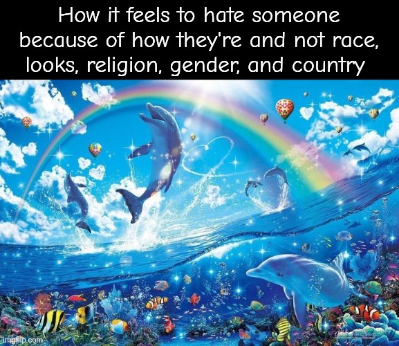Happy dolphin rainbow | How it feels to hate someone because of how they're and not race, looks, religion, gender, and country | image tagged in happy dolphin rainbow | made w/ Imgflip meme maker