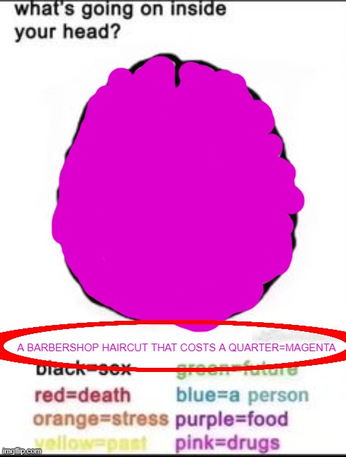 What's going on inside your head? | A BARBERSHOP HAIRCUT THAT COSTS A QUARTER=MAGENTA | image tagged in what's going on inside your head | made w/ Imgflip meme maker