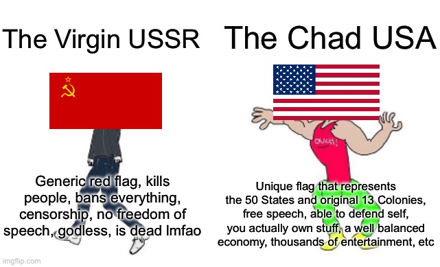 Virgin vs Chad | The Chad USA; The Virgin USSR; Generic red flag, kills people, bans everything, censorship, no freedom of speech, godless, is dead lmfao; Unique flag that represents the 50 States and original 13 Colonies, free speech, able to defend self, you actually own stuff, a well balanced economy, thousands of entertainment, etc | image tagged in virgin vs chad | made w/ Imgflip meme maker