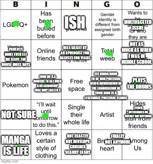 TheSuitedGayWeeb's Bingo | MULTIFACETED ISSUE; ISH; NOT AS MUCH AS WHEN I WAS IN MIDDLE SCHOOL; WAS GASLIT BY AN APOLOGIST FOR RACISTS FOR YEARS; PARENTS DONT EVEN LET ME LEAVE THE HOUSE MOST DAYS; ITS KINDA HARD TO BE NON POLITICAL WHEN ADVOCATION OF THE ERADICATION OF YOUR KIND IS A LEGITIMATE POLITICAL STANCE; PLAYS THE DRUMS; TOOK ME 8.5 MONTHS TO GET OVER A RELATIONSHIP THAT ONLY LASTED 3; EITHER OVERSHARES OR DOESNT SAY ANYTHING; NOT SURE; MANGA IS LIFE; FINALLY NOT ANYMORE; NOT EXACTLY BUT DEVELOPS CRUSHES SCARILY EASILY | image tagged in thesuitedgayweeb's bingo | made w/ Imgflip meme maker