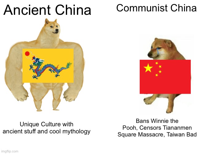 Ancient China vs Communist China | Ancient China; Communist China; Unique Culture with ancient stuff and cool mythology; Bans Winnie the Pooh, Censors Tiananmen Square Massacre, Taiwan Bad | image tagged in memes,buff doge vs cheems | made w/ Imgflip meme maker