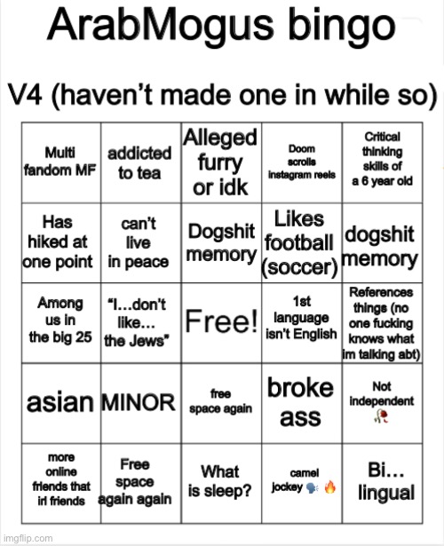 I made a fourth bingo (kinda ass ngl) | image tagged in arabmogus bingo v4 | made w/ Imgflip meme maker