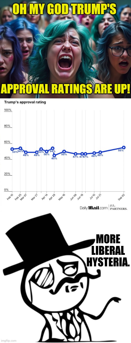 More Liberal Hysteria | OH MY GOD TRUMP'S; APPROVAL RATINGS ARE UP! MORE LIBERAL HYSTERIA. | image tagged in stick figure gentleman,more,liberal,hysteria,politics,memes | made w/ Imgflip meme maker