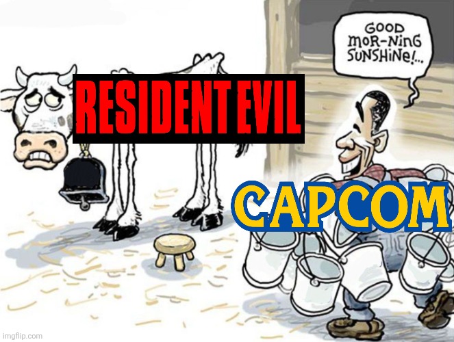 I'd say the Japanese gaming giant Capcom appears to be milking their franchise Resident Evil all the time. | image tagged in milking the cow,resident evil,capcom | made w/ Imgflip meme maker