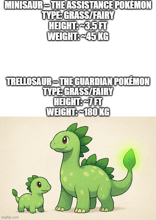 new fakemon | MINISAUR – THE ASSISTANCE POKÉMON
TYPE: GRASS/FAIRY
HEIGHT: ~3.5 FT
WEIGHT: ~45 KG; TRELLOSAUR – THE GUARDIAN POKÉMON

TYPE: GRASS/FAIRY
HEIGHT: ~7 FT
WEIGHT: ~180 KG | image tagged in pokemon,fakemon | made w/ Imgflip meme maker