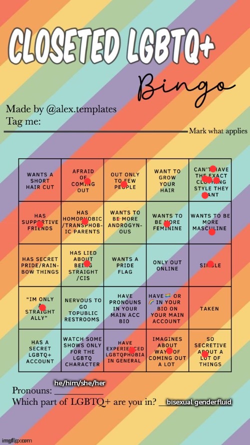 first time ive actually decided on my pronouns | he/him/she/her; bisexual genderfluid | image tagged in closeted lgbtq bingo | made w/ Imgflip meme maker