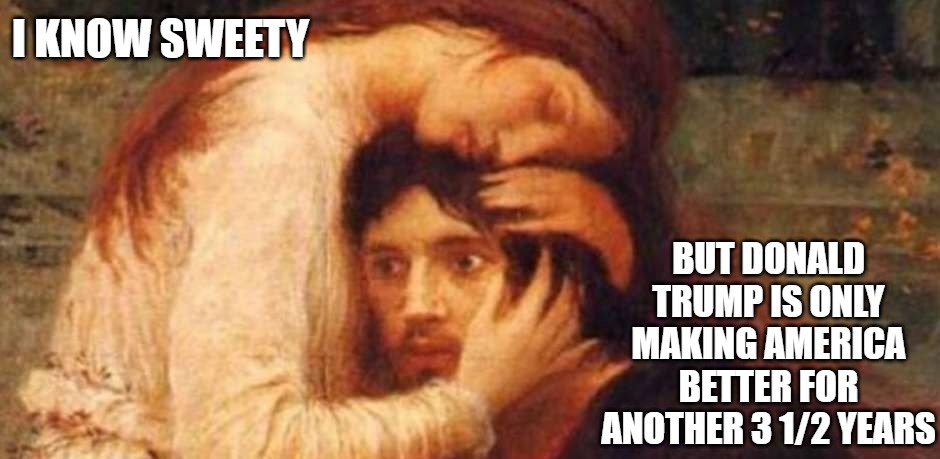 Democrats | I KNOW SWEETY; BUT DONALD TRUMP IS ONLY MAKING AMERICA BETTER FOR ANOTHER 3 1/2 YEARS | image tagged in despair classic art,donald trump,tds,angry democrats,democrats,maga | made w/ Imgflip meme maker