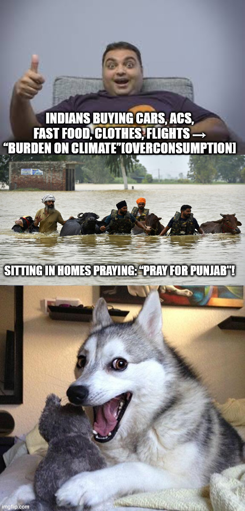 climate crisis | INDIANS BUYING CARS, ACS, FAST FOOD, CLOTHES, FLIGHTS → “BURDEN ON CLIMATE”[OVERCONSUMPTION]; SITTING IN HOMES PRAYING: “PRAY FOR PUNJAB"! | image tagged in memes,bad pun dog | made w/ Imgflip meme maker
