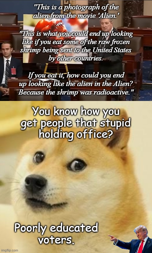 That's about as dumb as it gets... but still not enough to distract from the Epstein problem. | "This is a photograph of the
alien from the movie 'Alien.'; "This is what you could end up looking
like if you eat some of the raw frozen
shrimp being sent to the United States
by other countries. If you eat it, how could you end
up looking like the alien in the Alien?
Because the shrimp was radioactive."; You know how you
get people that stupid
holding office? Poorly educated
voters. | image tagged in corgi,john neely kennedy,you've been invited to dumbass university,do you are have stupid | made w/ Imgflip meme maker