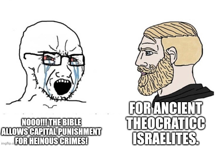 But the stoning! | FOR ANCIENT THEOCRATICC ISRAELITES. NOOO!!! THE BIBLE ALLOWS CAPITAL PUNISHMENT FOR HEINOUS CRIMES! | image tagged in soyboy vs yes chad | made w/ Imgflip meme maker