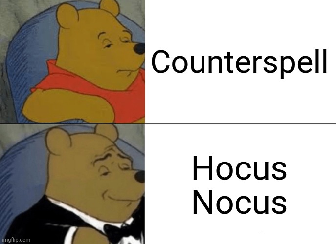 Counterspell? | Counterspell; Hocus Nocus | image tagged in memes,tuxedo winnie the pooh,dnd,you dare use my own spells against me,magic | made w/ Imgflip meme maker