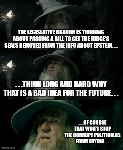 Some ideas are only good on paper. . .and those papers should be tossed into the shredder. | THE LEGISLATIVE BRANCH IS THINKING ABOUT PASSING A BILL TO GET THE JUDGE'S SEALS REMOVED FROM THE INFO ABOUT EPSTEIN. . . . . .THINK LONG AND HARD WHY THAT IS A BAD IDEA FOR THE FUTURE. . . . . .OF COURSE THAT WON'T STOP THE CORRUPT POLITICIANS FROM TRYING. . . | image tagged in memes,confused gandalf,government corruption,politics,political meme | made w/ Imgflip meme maker