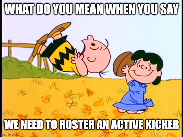 Charlie Brown football | WHAT DO YOU MEAN WHEN YOU SAY; WE NEED TO ROSTER AN ACTIVE KICKER | image tagged in charlie brown football | made w/ Imgflip meme maker