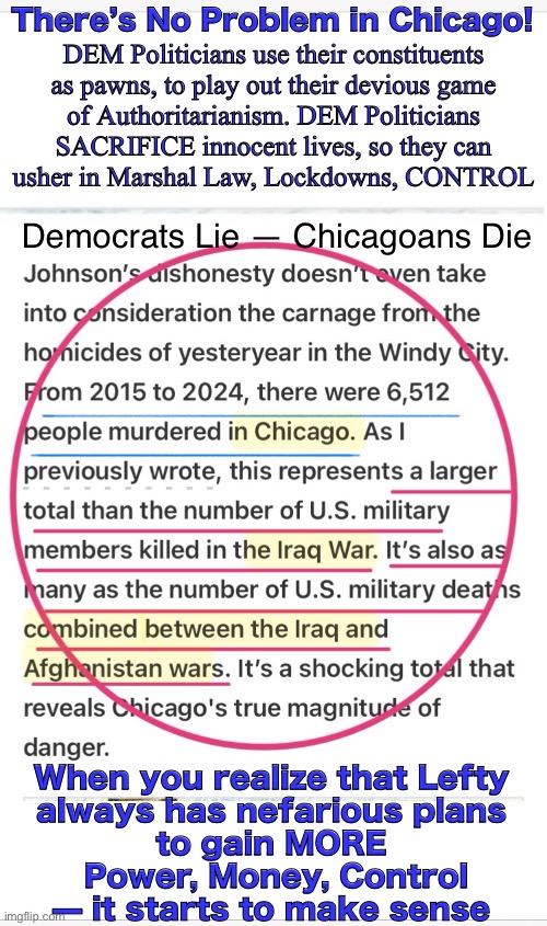 Whatever Lefty’s Doing, Ask:  Does This Give Them More Power, Money, Control? | There’s No Problem in Chicago! DEM Politicians use their constituents
as pawns, to play out their devious game
of Authoritarianism. DEM Politicians
SACRIFICE innocent lives, so they can
usher in Marshal Law, Lockdowns, CONTROL; Democrats Lie — Chicagoans Die; When you realize that Lefty
always has nefarious plans
to gain MORE
 Power, Money, Control
— it starts to make sense | image tagged in memes,lefty pukes n their lefty prius,lefty wants to control you,lefty wants your money,lefty can kissmyass n gotohell | made w/ Imgflip meme maker