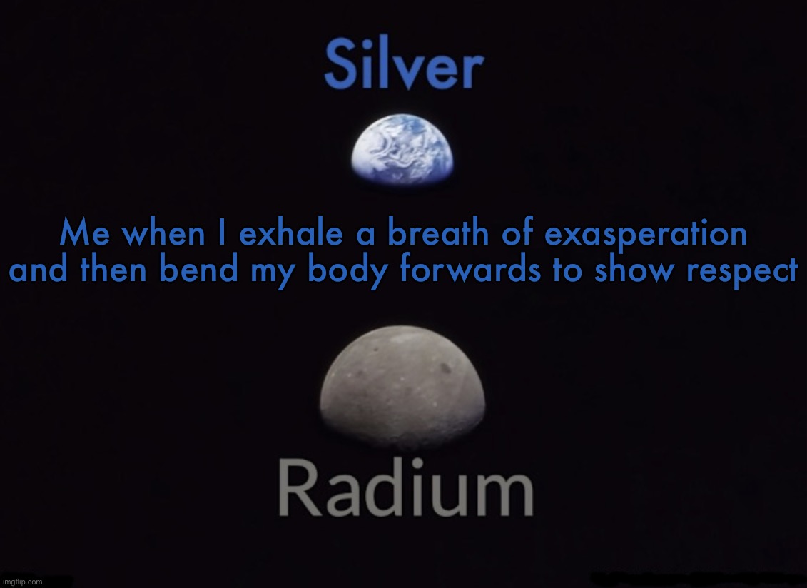 Silver and Radium's Shared Space Template | Me when I exhale a breath of exasperation and then bend my body forwards to show respect | image tagged in silver and radium's shared space template | made w/ Imgflip meme maker