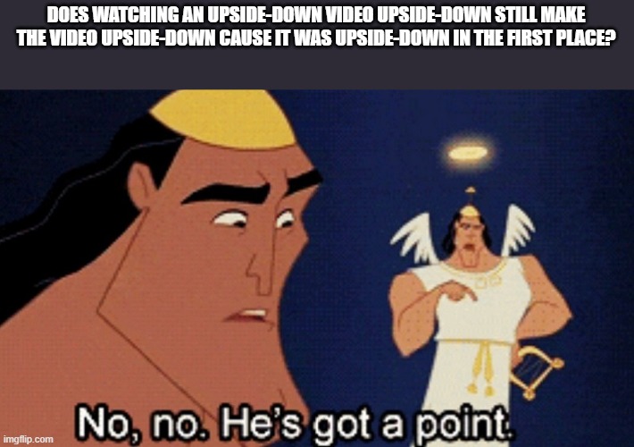Big Brain | DOES WATCHING AN UPSIDE-DOWN VIDEO UPSIDE-DOWN STILL MAKE THE VIDEO UPSIDE-DOWN CAUSE IT WAS UPSIDE-DOWN IN THE FIRST PLACE? | image tagged in no no he s got a point | made w/ Imgflip meme maker