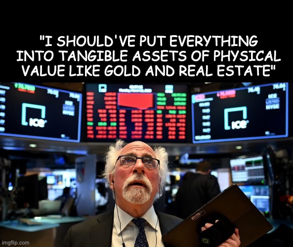 Stock Market Crash | "I SHOULD'VE PUT EVERYTHING INTO TANGIBLE ASSETS OF PHYSICAL VALUE LIKE GOLD AND REAL ESTATE" | image tagged in stock market crash | made w/ Imgflip meme maker