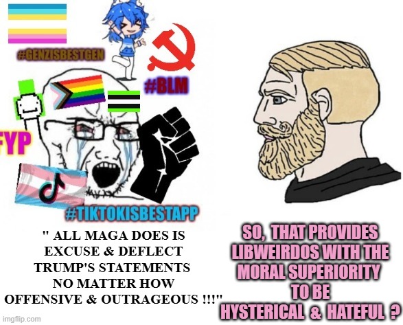 JUSTIFICATION for "Going HYSTERICAL & Being HATEFUL "at MAGA, is Social Justice, Marxist Style Democracy | " ALL MAGA DOES IS
 EXCUSE & DEFLECT 
TRUMP'S STATEMENTS 
NO MATTER HOW
OFFENSIVE & OUTRAGEOUS !!!"; SO,  THAT PROVIDES
LIBWEIRDOS WITH THE
MORAL SUPERIORITY 
 TO BE 
HYSTERICAL  &  HATEFUL  ? | image tagged in social justice warrior,haters,outrage,cultural marxism,leftists,maga | made w/ Imgflip meme maker