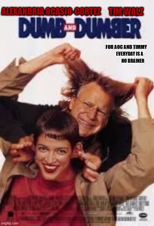 Coming to an election near you | ALEXANDRIA OCASIO-CORTEZ; TIM WALZ; FOR AOC AND TIMMY; EVERYDAY IS A; NO BRAINER | image tagged in aoc,tim walz,dumb and dumber | made w/ Imgflip meme maker