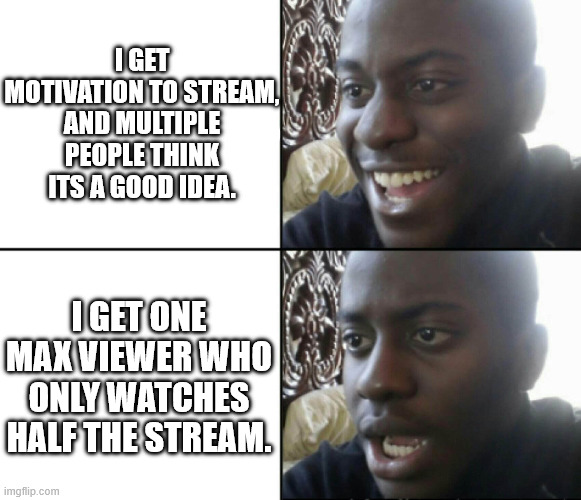 Noobie Streamers | I GET MOTIVATION TO STREAM, AND MULTIPLE PEOPLE THINK ITS A GOOD IDEA. I GET ONE MAX VIEWER WHO ONLY WATCHES HALF THE STREAM. | image tagged in happy / shock | made w/ Imgflip meme maker