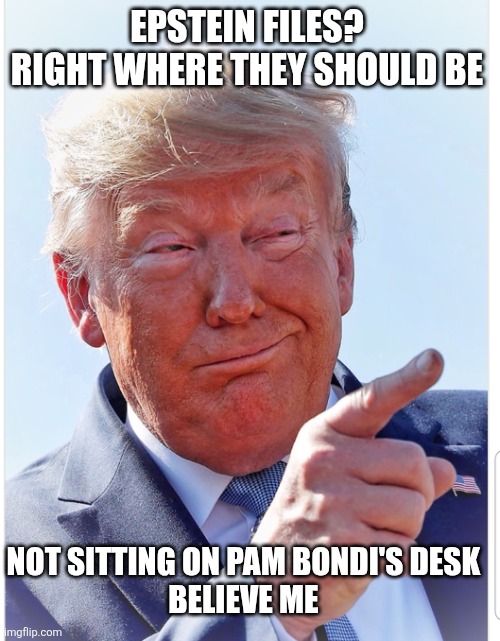 Trump pointing | EPSTEIN FILES? 
RIGHT WHERE THEY SHOULD BE NOT SITTING ON PAM BONDI'S DESK 
BELIEVE ME | image tagged in trump pointing | made w/ Imgflip meme maker