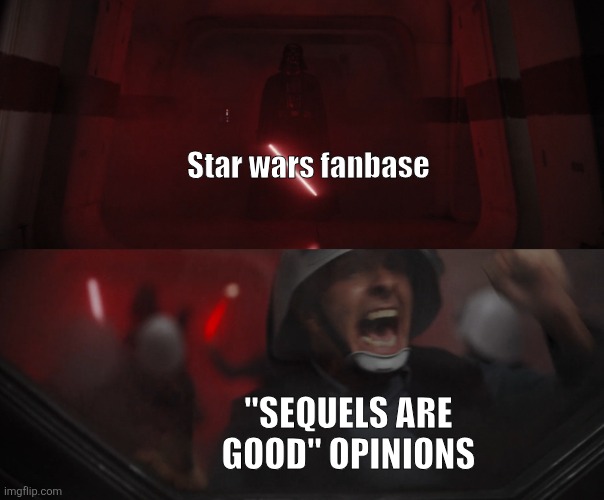 Darth Vader vs Rebel | Star wars fanbase; "SEQUELS ARE GOOD" OPINIONS | image tagged in darth vader vs rebel | made w/ Imgflip meme maker