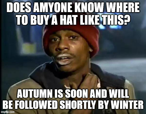 Y'all Got Any More Of That Meme | DOES AMYONE KNOW WHERE TO BUY A HAT LIKE THIS? AUTUMN IS SOON AND WILL BE FOLLOWED SHORTLY BY WINTER | image tagged in memes,y'all got any more of that | made w/ Imgflip meme maker