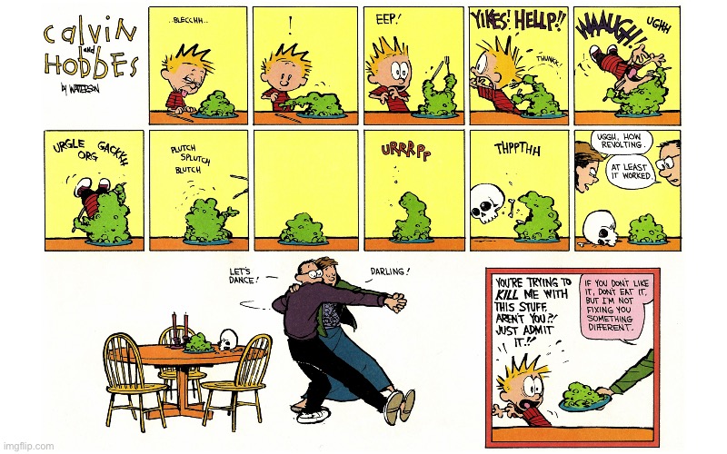Calvin and his mom’s cooking don’t seem to agree with each other… | image tagged in calvin and hobbes,dinner time,blob,take it or leave it,bad food | made w/ Imgflip meme maker