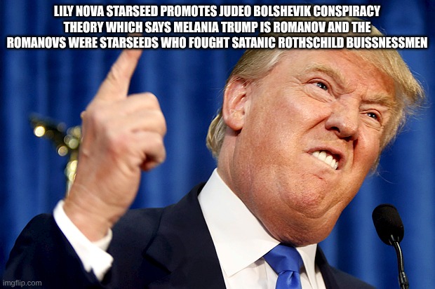 Donald Trump | LILY NOVA STARSEED PROMOTES JUDEO BOLSHEVIK CONSPIRACY THEORY WHICH SAYS MELANIA TRUMP IS ROMANOV AND THE ROMANOVS WERE STARSEEDS WHO FOUGHT SATANIC ROTHSCHILD BUISSNESSMEN | image tagged in donald trump | made w/ Imgflip meme maker