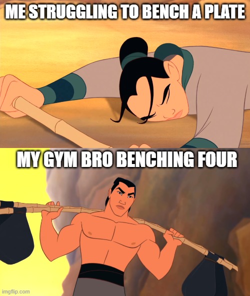 Gym bro outbenching me effortlessly | ME STRUGGLING TO BENCH A PLATE; MY GYM BRO BENCHING FOUR | image tagged in gym memes,weight lifting,gym | made w/ Imgflip meme maker