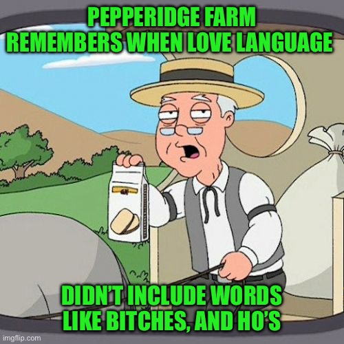 Pepperidge Farm Remembers Meme | PEPPERIDGE FARM REMEMBERS WHEN LOVE LANGUAGE; DIDN’T INCLUDE WORDS LIKE BITCHES, AND HO’S | image tagged in memes,pepperidge farm remembers | made w/ Imgflip meme maker