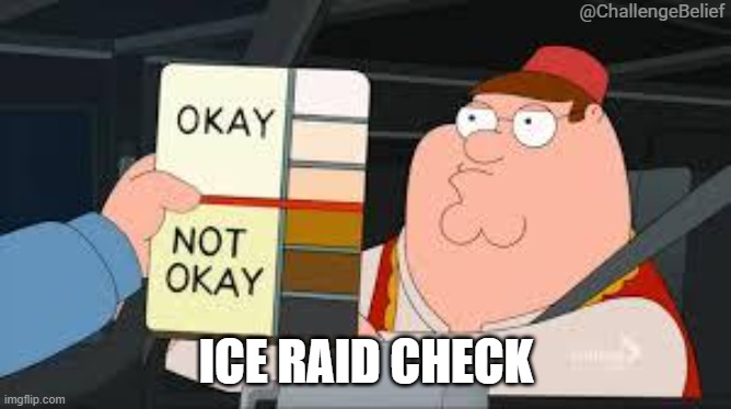 ICE raid check | @ChallengeBelief; ICE RAID CHECK | image tagged in racist peter griffin family guy | made w/ Imgflip meme maker